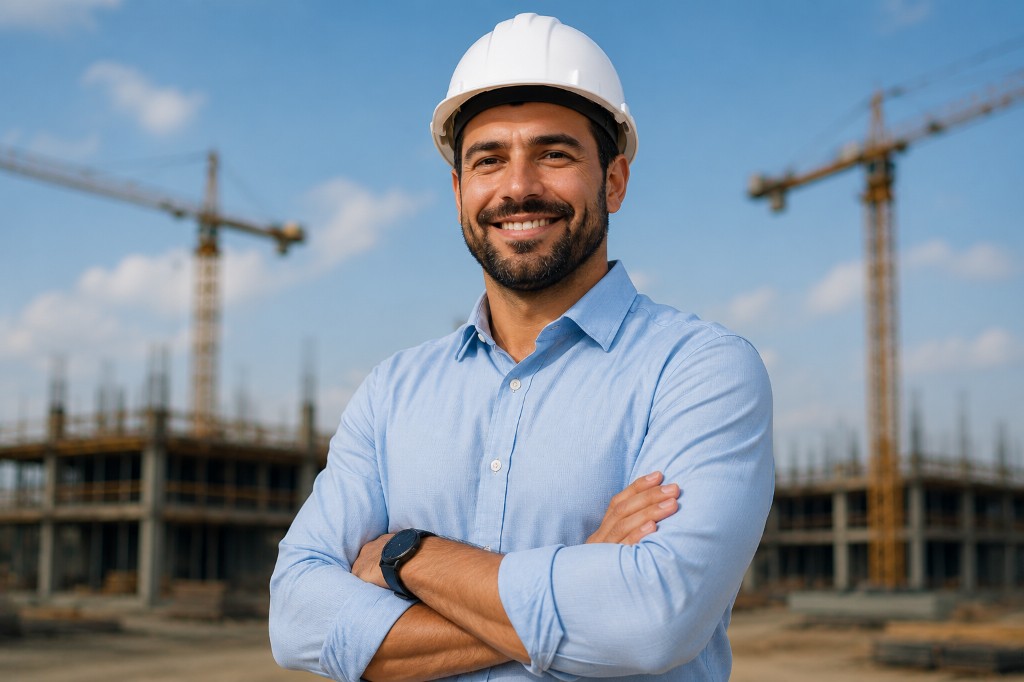 Engenheiro sorrindo na obra